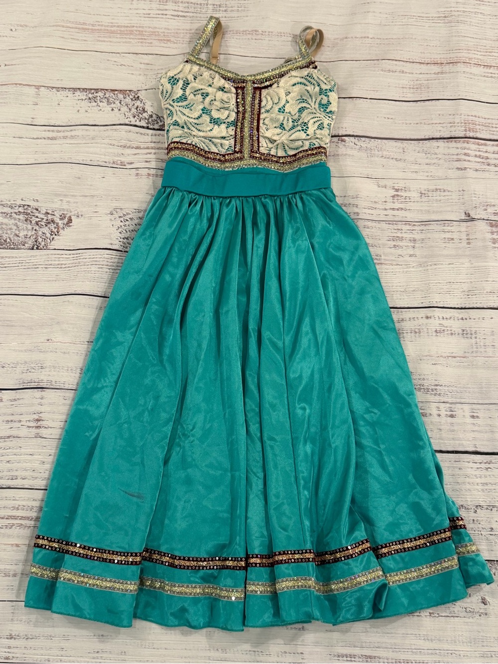 Weissman Bollywood Teal Blue With Cream Lace Overlay Dance Costume Size MC